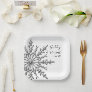 Faux Silver Snowflake Winter Wedding Paper Plate