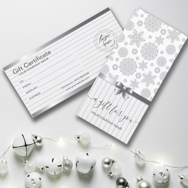 faux Silver Snowflakes gift certificate card (#zazzlemade #giftcertificate #snowflakes #snowflakesgiftcard #christmas, 3HAPPYNEWYEAR, #SILVER)