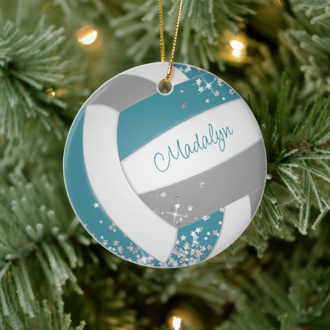 faux silver stars on girls teal grey volleyball  ceramic tree decoration (Tree)