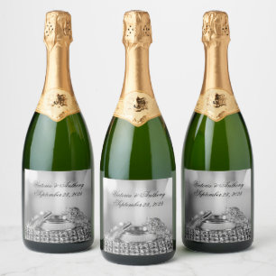 Faux Silver Wedding Elegant Name Date Script Sparkling Wine Label