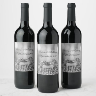 Faux Silver Wedding Elegant Name Date Script Wine Label