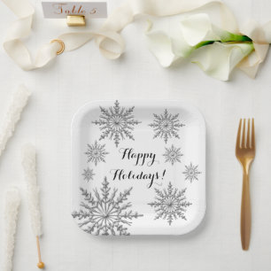 Faux Silver Winter Snowflake Happy Holidays Paper Plate