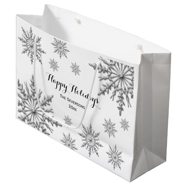 Faux Silver Winter Snowflakes Happy Holidays Large Gift Bag (Front Angled)
