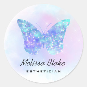 faux sparkle blue butterfly logo classic round sticker