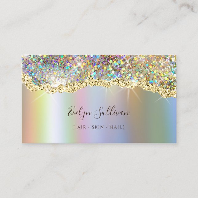 Faux sparkling holographic foil glitter business card (Front)