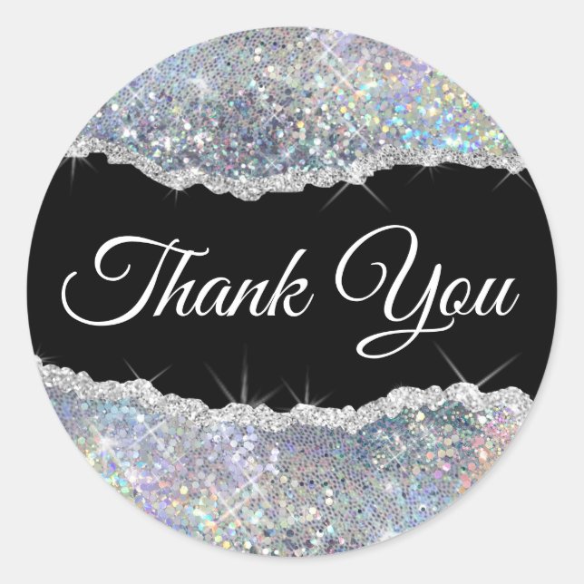 Faux Sparkling Silver Sequin Thank you  Classic Round Sticker (Front)
