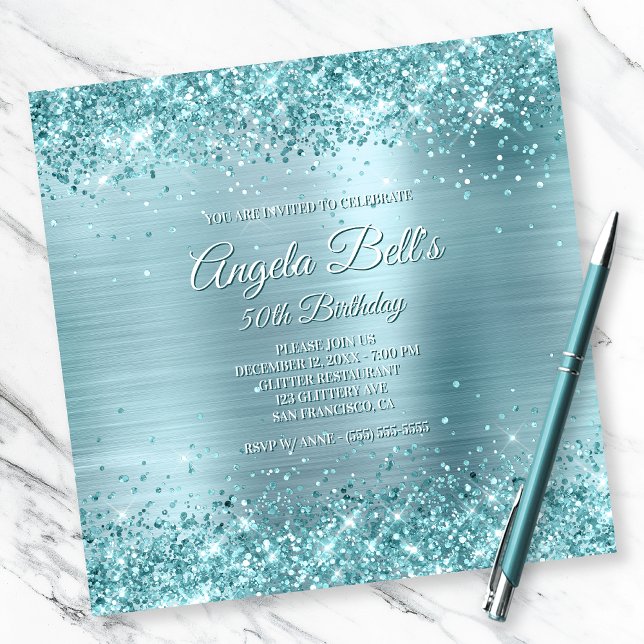 Faux Sparkly Aqua Teal Glitter Pale Blue Foil Invitation (Creator Uploaded)