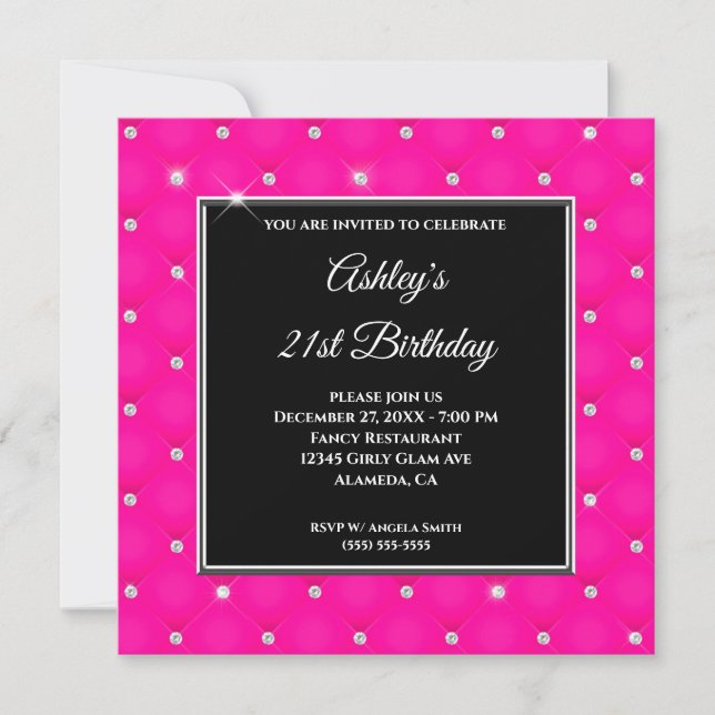 Faux Sparkly Diamond Tufted Hot Pink 21st Birthday Invitation (Front)