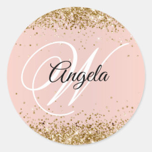 Faux Sparkly Gold Glitter Blush Monogram Classic Round Sticker
