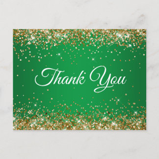 Faux Sparkly Gold Glitter Bright Green Thank You Postcard