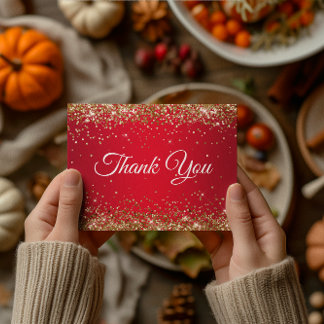 Faux Sparkly Gold Glitter Bright Red Thank You Postcard