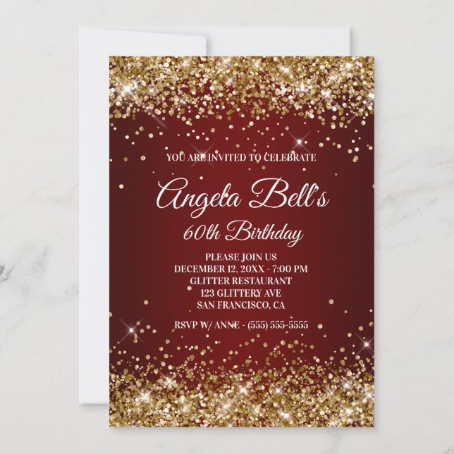 Faux Sparkly Gold Glitter Burgundy Ombre Invitation (Back)