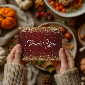 Faux Sparkly Gold Glitter Burgundy Thank You Postcard