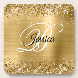 Faux Sparkly Gold Glitter Foil Monogram Coaster