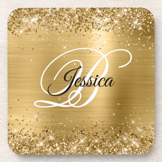 Faux Sparkly Gold Glitter Foil Monogram Coaster (Front)
