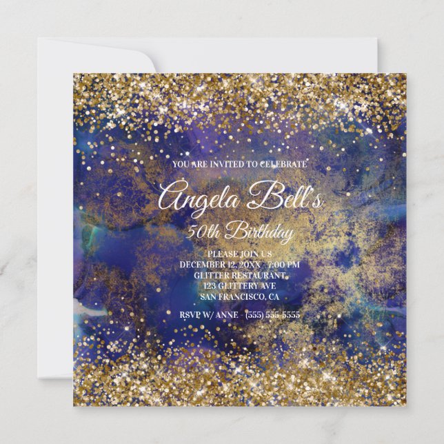 Faux Sparkly Gold Glitter Indigo Marble Monogram Invitation (Back)