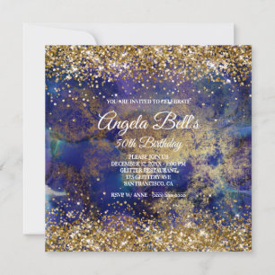 Faux Sparkly Gold Glitter Indigo Marble Monogram Invitation