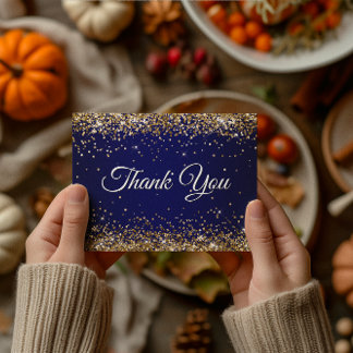 Faux Sparkly Gold Glitter Navy Blue Thank You Postcard