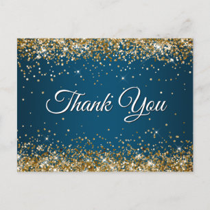 Faux Sparkly Gold Glitter Ocean Blue Thank You Postcard