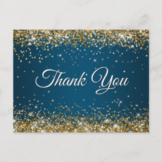 Faux Sparkly Gold Glitter Ocean Blue Thank You Postcard