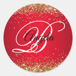 Faux Sparkly Gold Glitter Red Ombre Monogram Classic Round Sticker