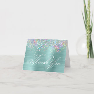 Faux Sparkly Holographic Glitter Pale Turquoise Thank You Card