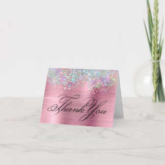 Faux Sparkly Holographic Glitter Pink Foil Thank You Card