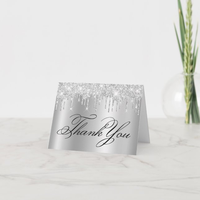 Faux Sparkly Light Silver Glitter Drips Ombre Thank You Card (Front)