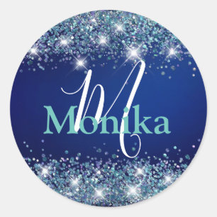 Faux Sparkly Mermaid Glitter Blue Ocean Monogram Classic Round Sticker