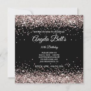 Faux Sparkly Pink Champagne Glitter Black Invitation