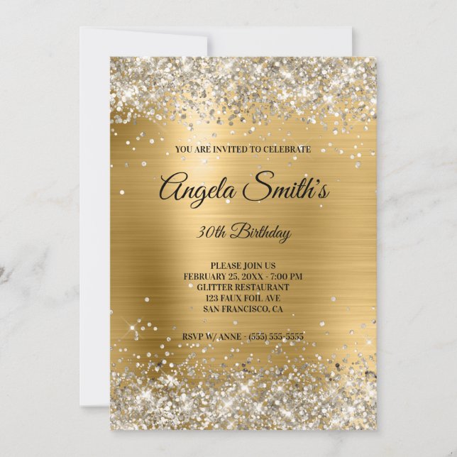 Faux Sparkly Platinum Glitter Gold Foil Monogram Invitation (Front)