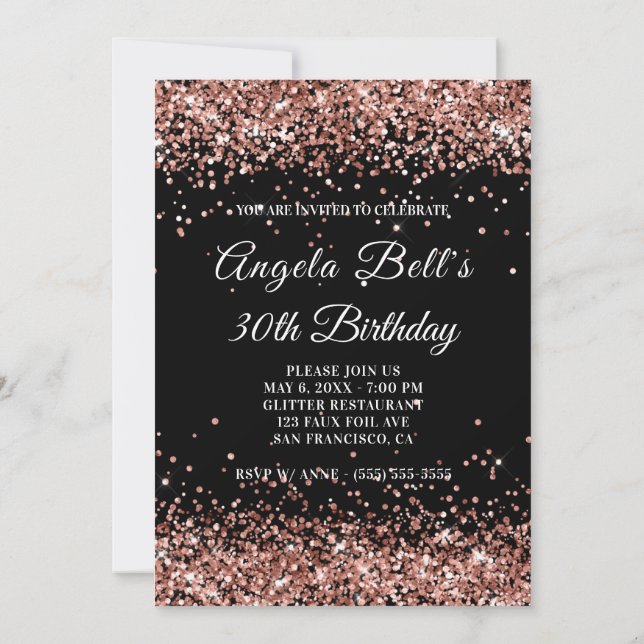 Faux Sparkly Rose Gold Glitter Black 30th Birthday Invitation (Back)
