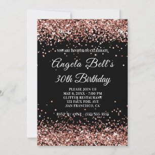 Faux Sparkly Rose Gold Glitter Black 30th Birthday Invitation