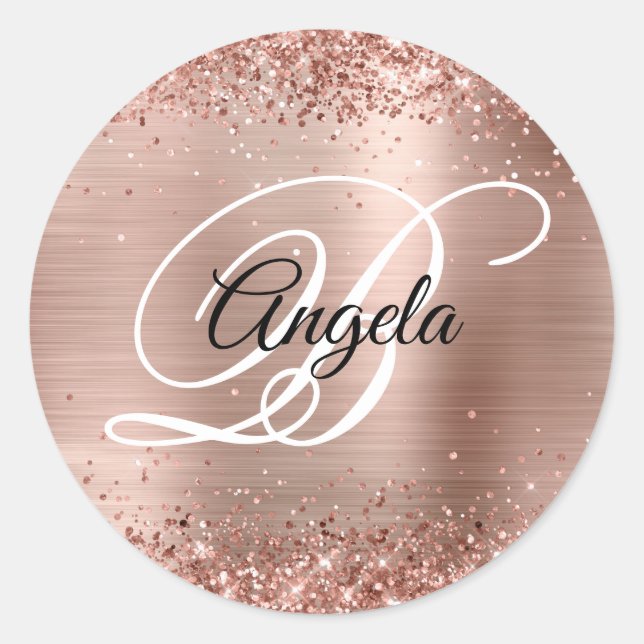 Faux Sparkly Rose Gold Glitter Foil Monogrammed Classic Round Sticker (Front)