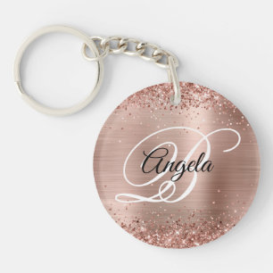 Faux Sparkly Rose Gold Glitter Foil Monogrammed Key Ring