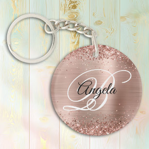 Faux Sparkly Rose Gold Glitter Foil Monogrammed Key Ring