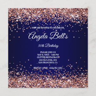 Faux Sparkly Rose Gold Glitter Navy Blue Invitation