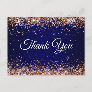 Faux Sparkly Rose Gold Glitter Navy Blue Thank You Postcard