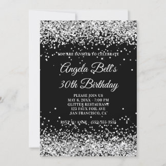 Faux Sparkly Silver Glitter Black 30th Birthday Invitation