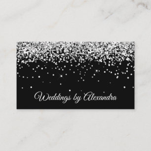 Faux Sparkly Silver Glitter Black Business Card