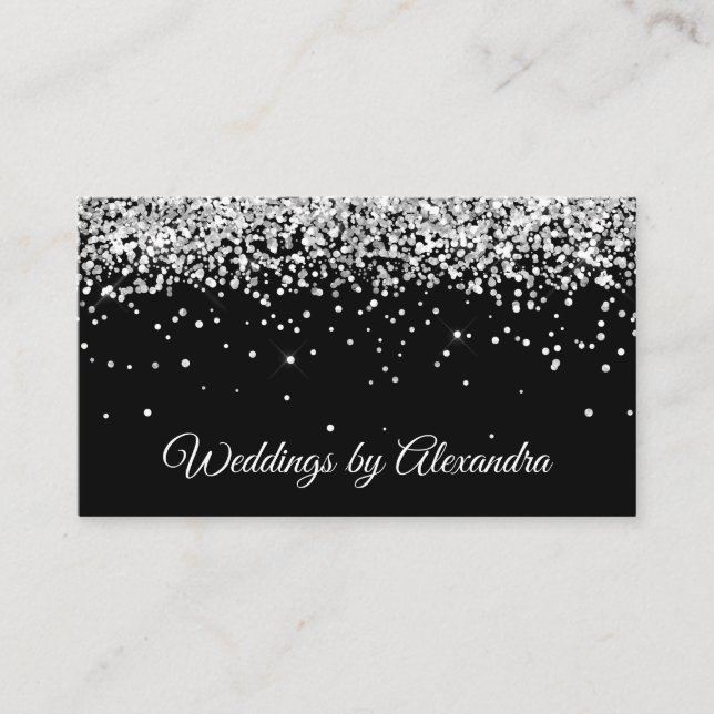 Faux Sparkly Silver Glitter Black Business Card (Front)