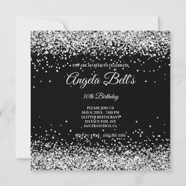 Faux Sparkly Silver Glitter Black Invitation (Back)