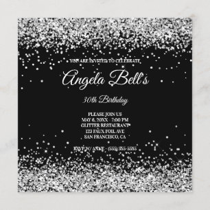 Faux Sparkly Silver Glitter Black Invitation