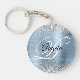 Faux Sparkly Silver Glitter Blue Foil Monogram Key Ring