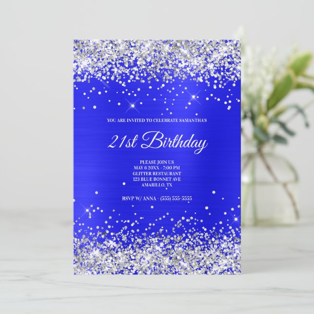 Faux Sparkly Silver Glitter Bright Blue Satin Foil Invitation (Standing Front)