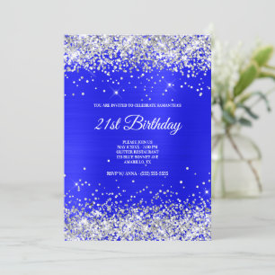 Faux Sparkly Silver Glitter Bright Blue Satin Foil Invitation