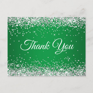 Faux Sparkly Silver Glitter Bright Green Thank You Postcard