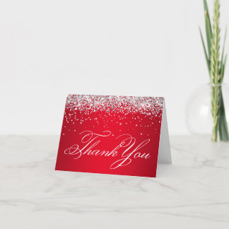 Faux Sparkly Silver Glitter Bright Red Thank You Card