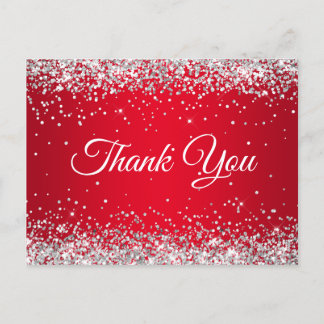 Faux Sparkly Silver Glitter Bright Red Thank You Postcard