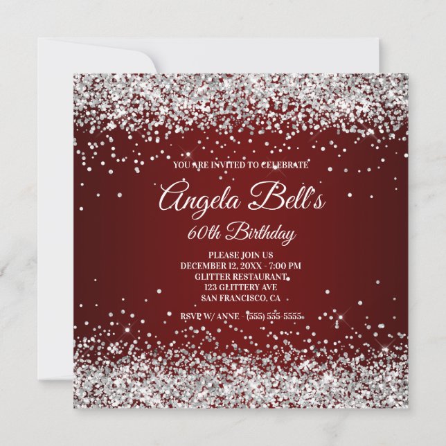 Faux Sparkly Silver Glitter Burgundy Ombre Invitation (Back)